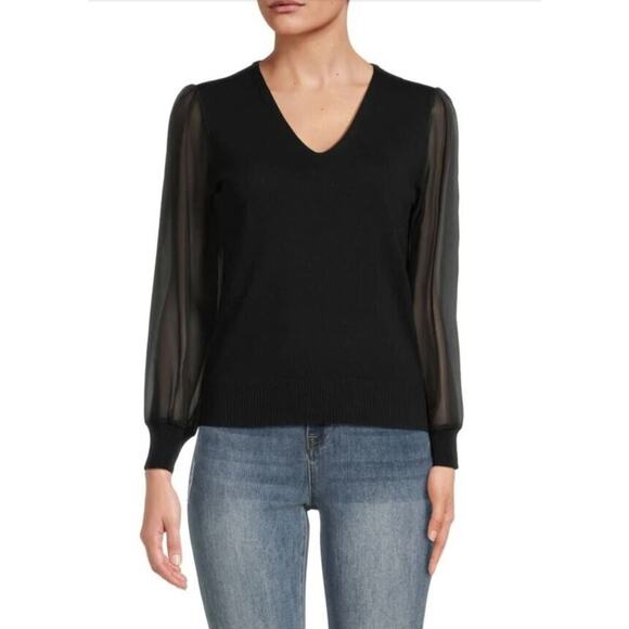 Line Knitwear Women's Sheer Insets V-Neck Sweater in Black Caviar Large $120 - Picture 1 of 6